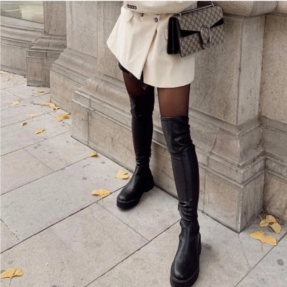 NWT Zara Black over the knee boots flat low heel black size 10/41